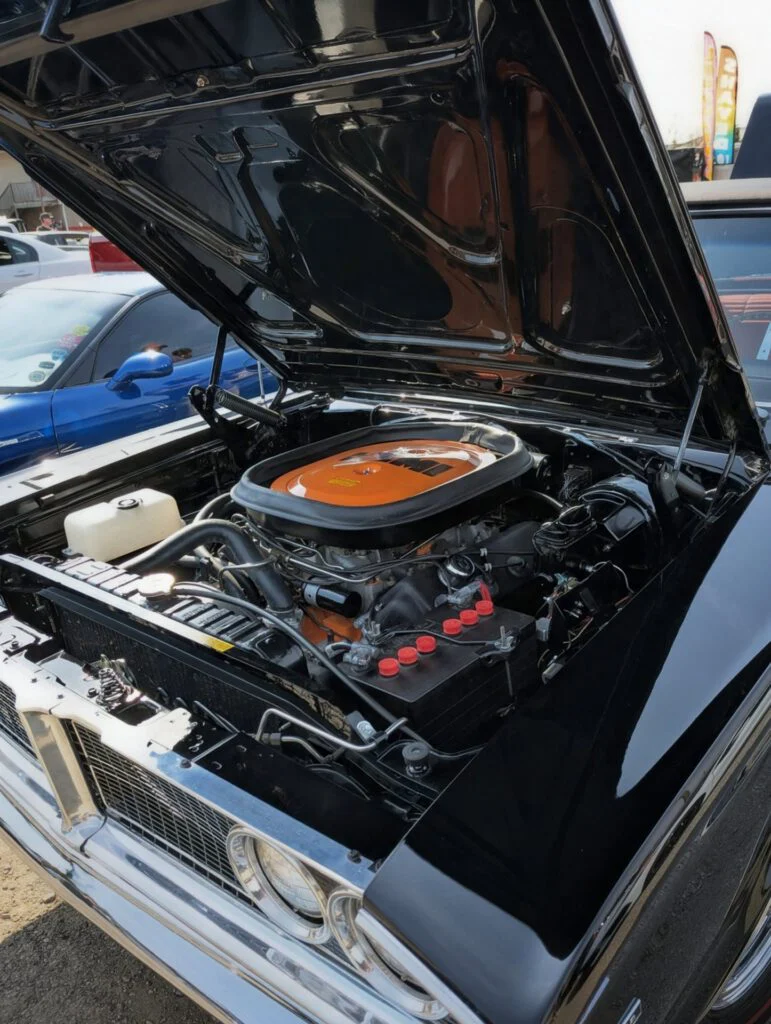 Open hood showing engine compartment of a black car with chrome details.