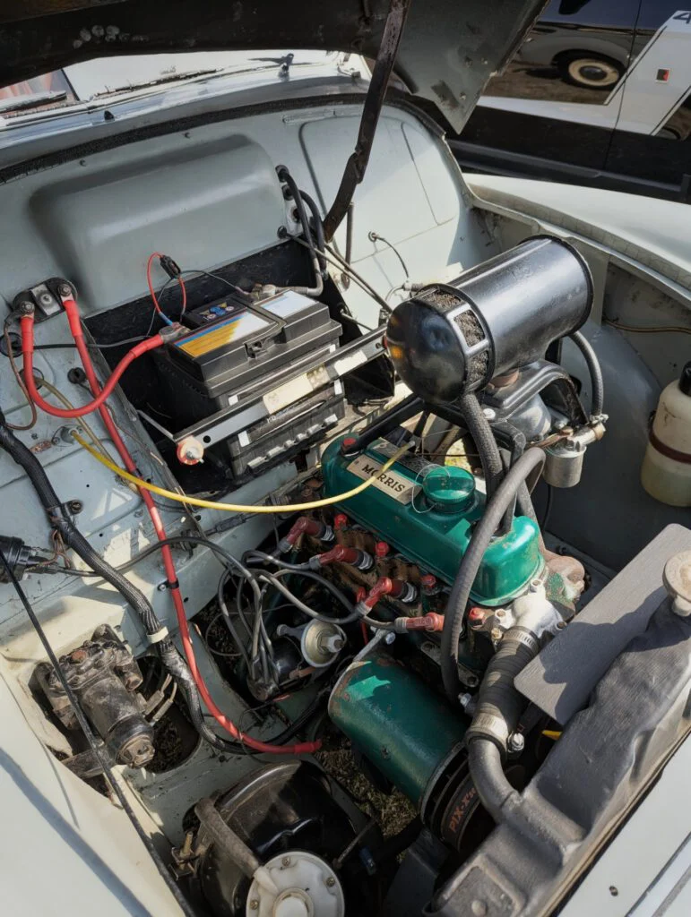 Engine bay of a vintage vehicle with visible components, including a battery and green engine parts.