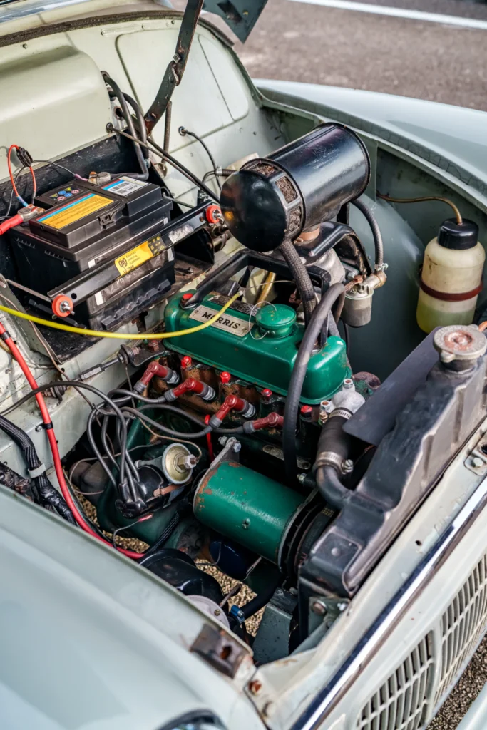 Close-up of a Morris Minor engine bay showing the engine and battery components