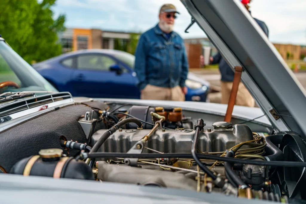 Close-up view of a car engine with two men blurred in the background near a blue coupe at an outdoor event