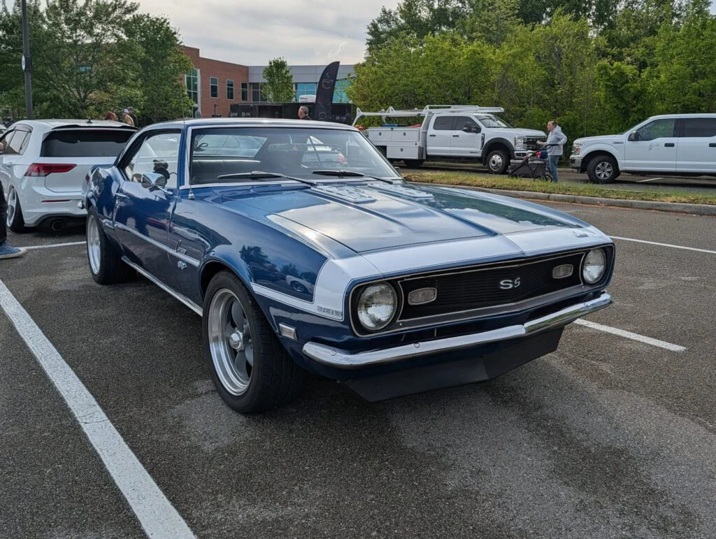 Blue Chevrolet Camaro SS parked in a lot, with a white vehicle and people visible in the background.