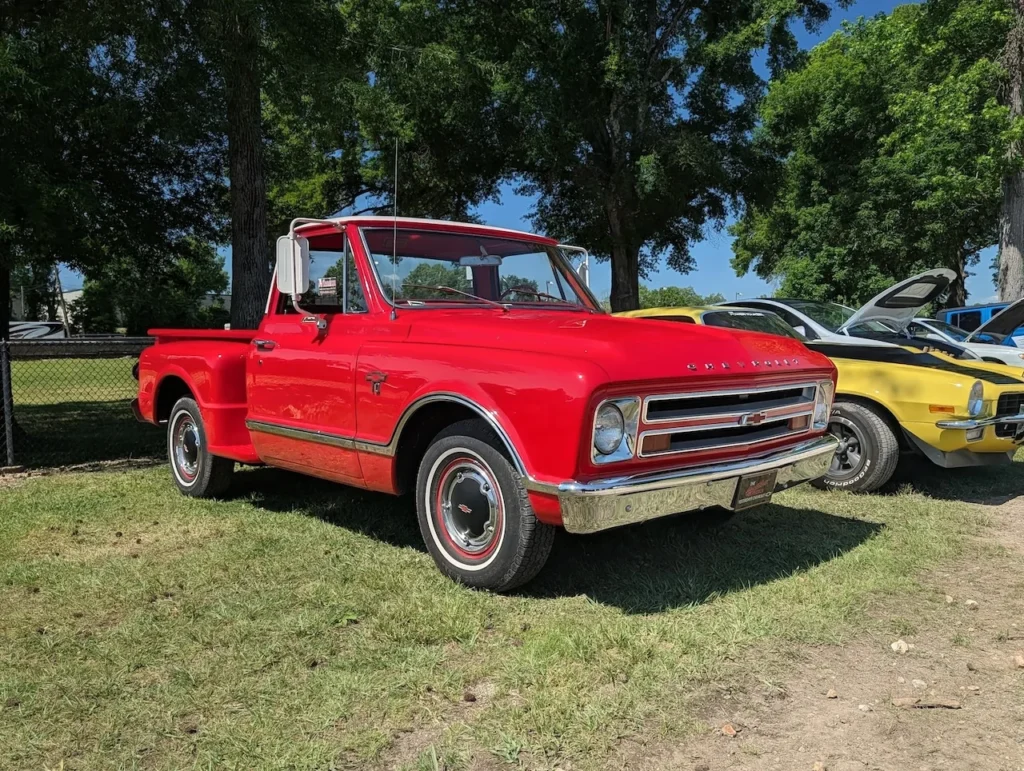Red Chevrolet pickup truck on grass at a car event