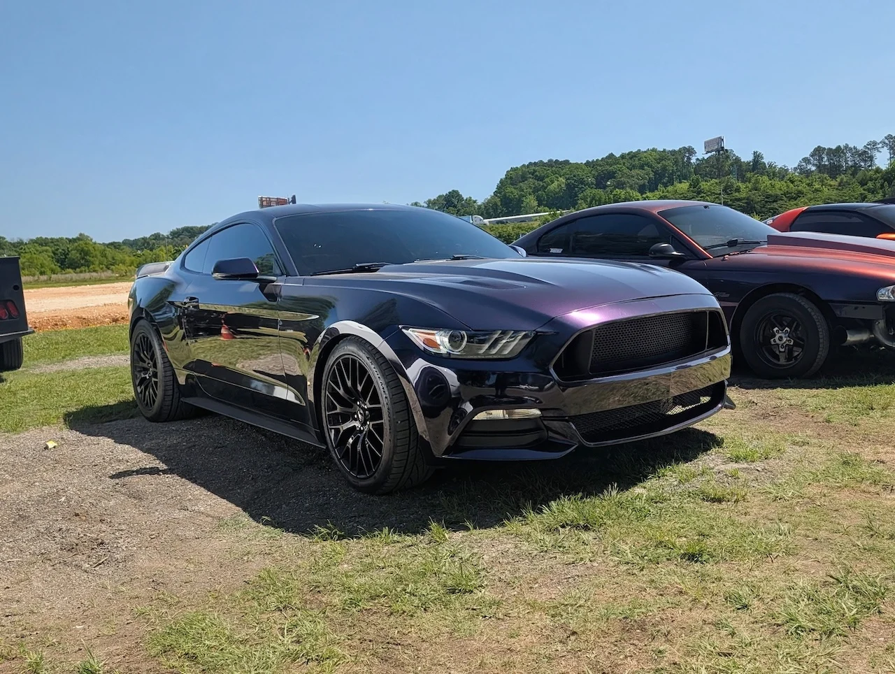 A black Ford Mustang parked on grass with a background of trees and another car.