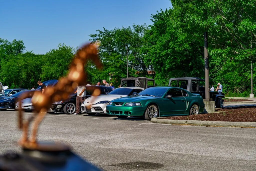 Green Ford Mustang coupe and other vehicles parked at a car meet with people in the background and greenery behind