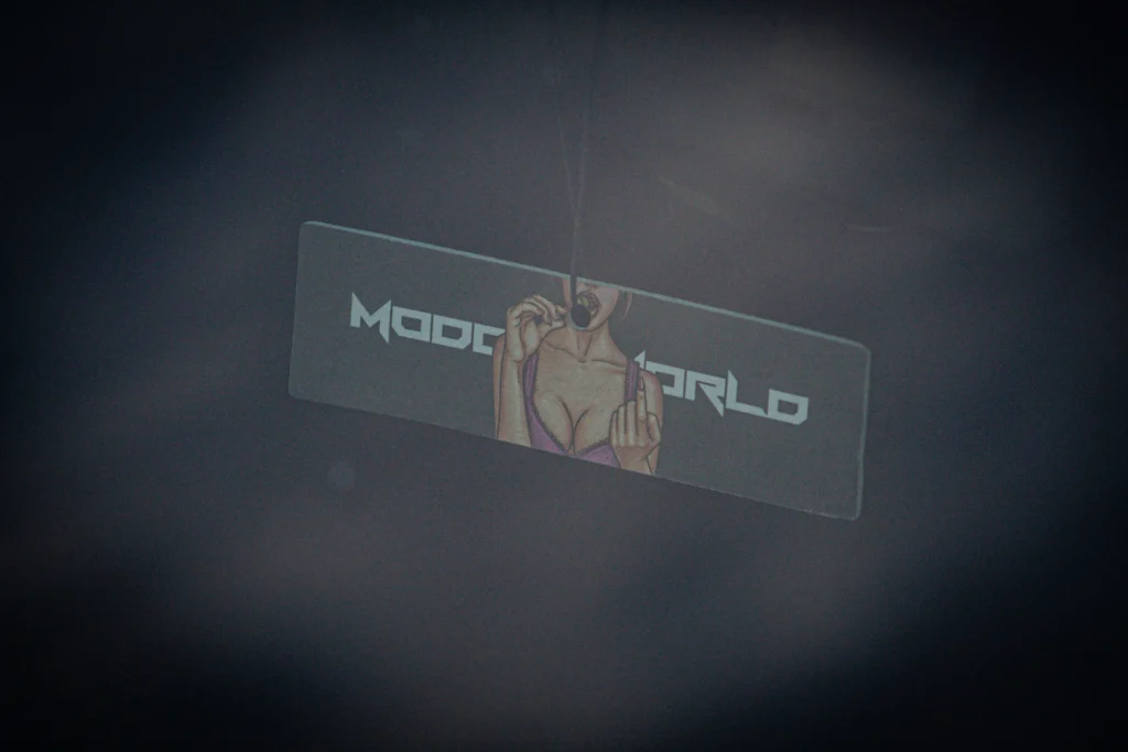 Rearview mirror decoration showing a graphic decal with a woman and the text MODDWORLD seen through foggy or smoky glass
