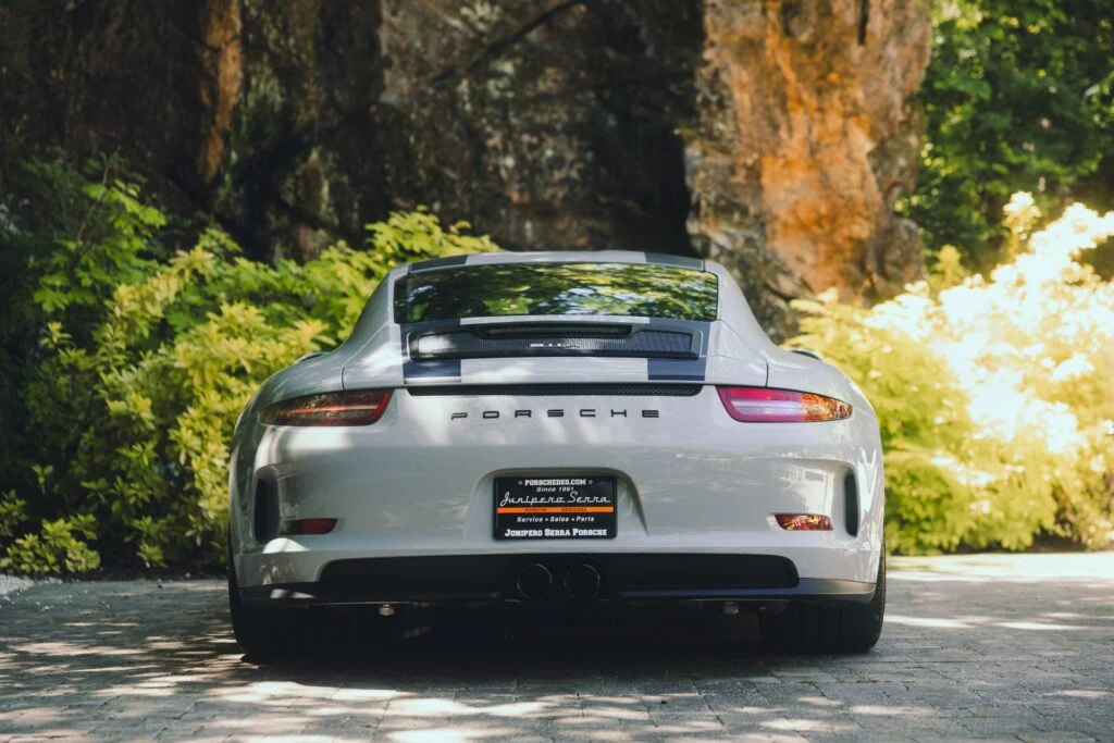 Silver Porsche 911 parked on a stone path surrounded by greenery.