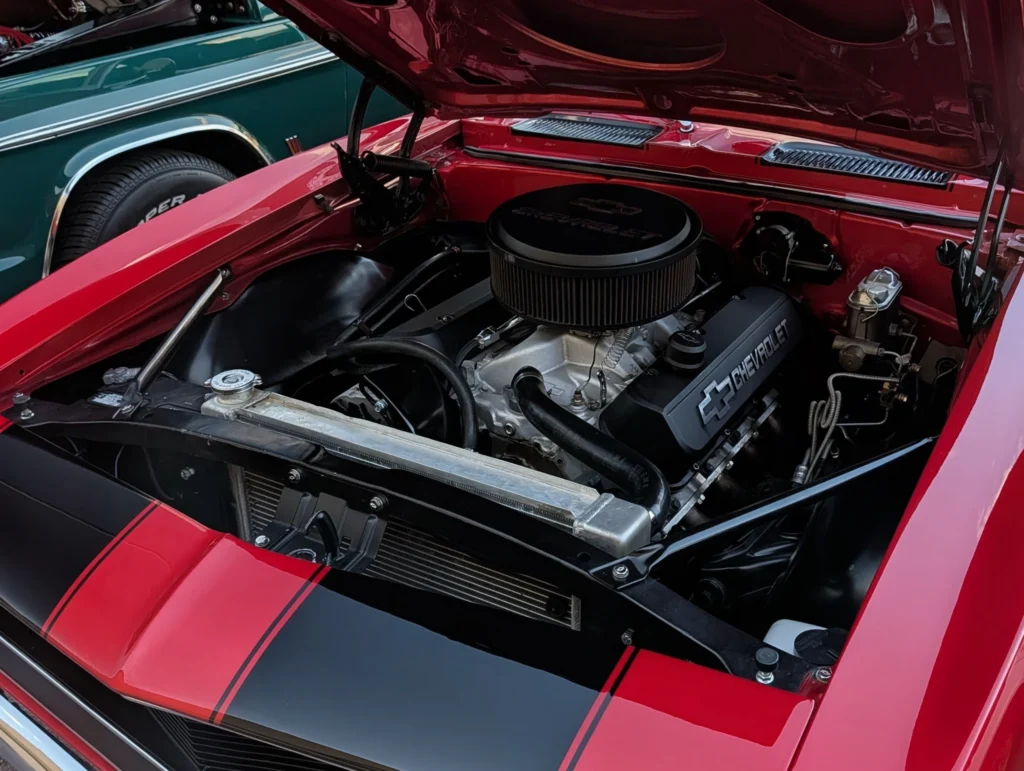 Engine bay of a red Chevrolet with black racing stripes, showing a Chevrolet 427 engine.