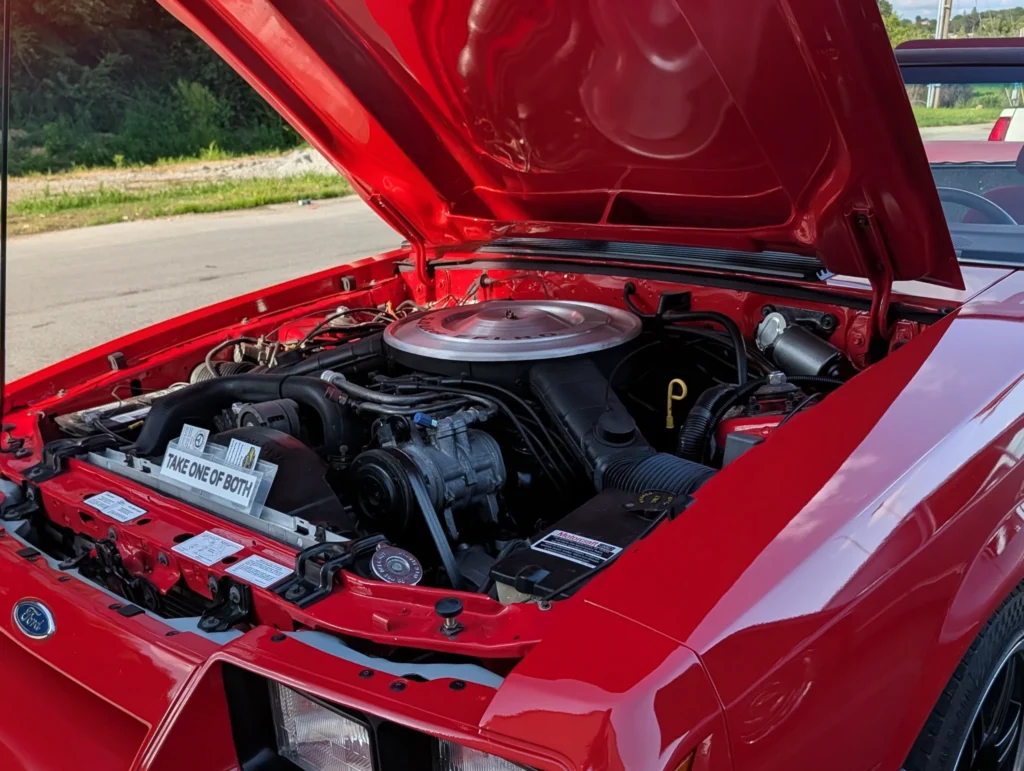 Open hood showing engine bay of a red Ford vehicle with visible air filter and mechanical components in an outdoor setting
