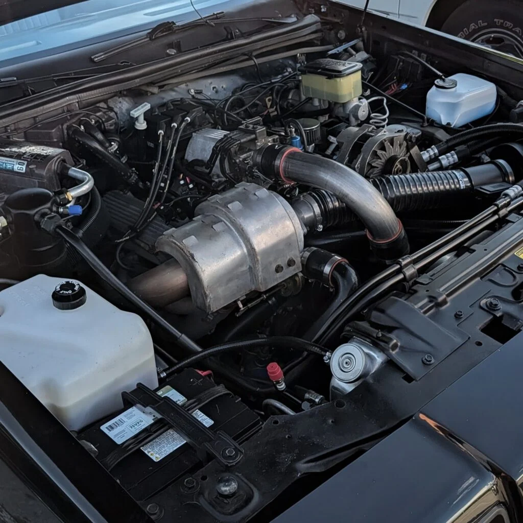 Engine bay of a vehicle showing various components including a battery, fluid reservoirs, and air intake