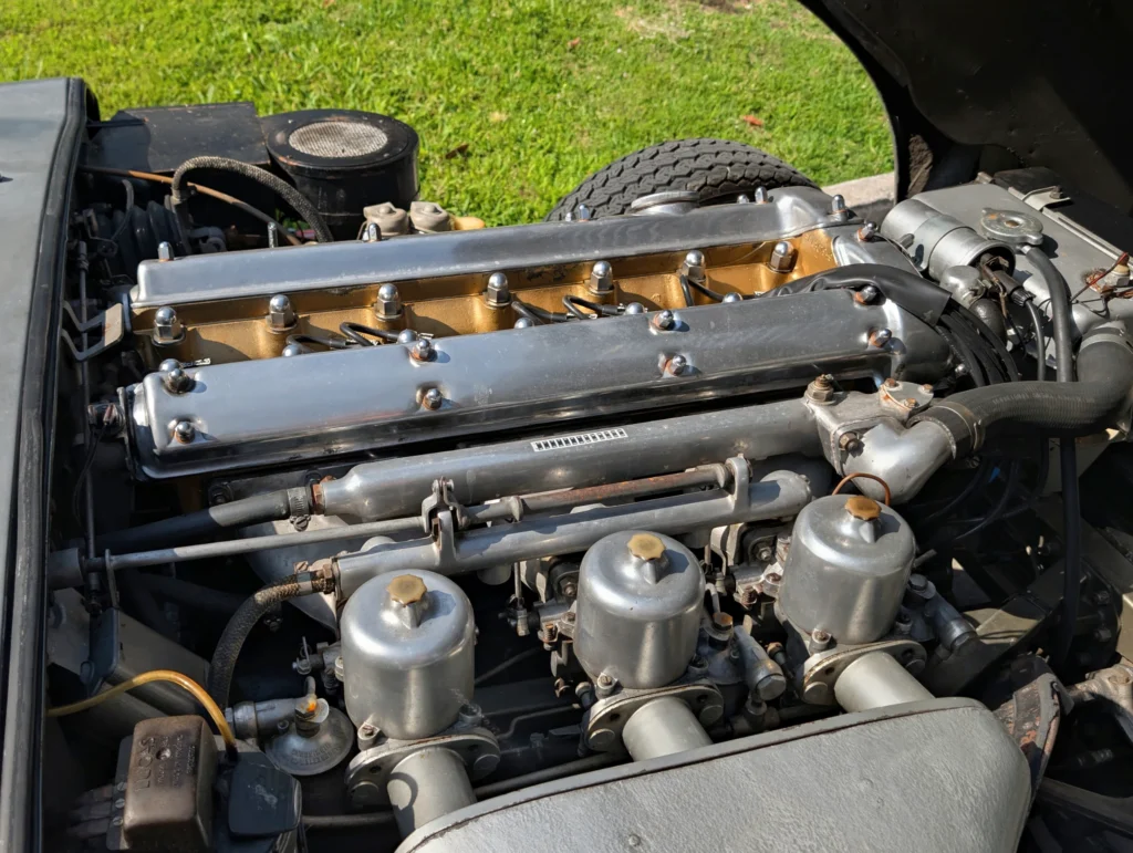 Close-up of a car engine with three carburetors and polished metal components, grass visible in background