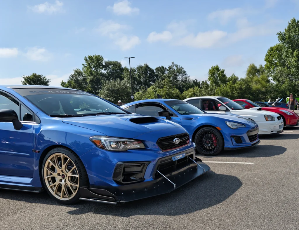 Lineup of Subaru WRX/STI models in blue, white, and red at an outdoor car meet with trees and light poles in background