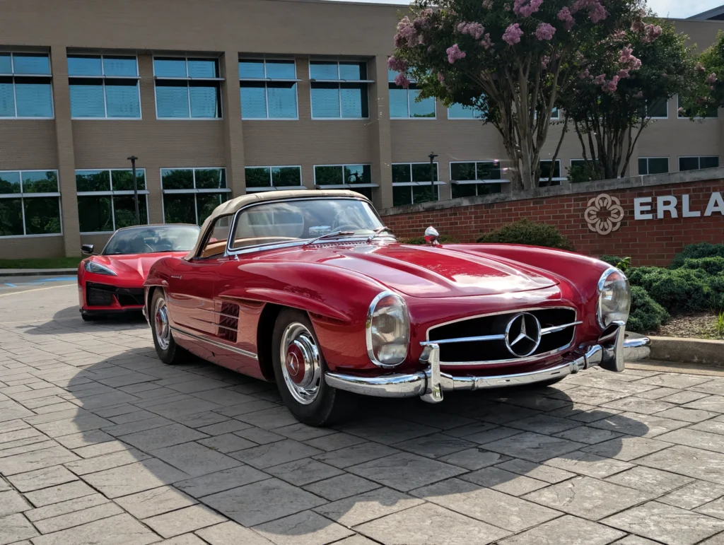 Red Mercedes-Benz 300SL convertible parked in front of a building with a red Chevrolet Corvette behind it