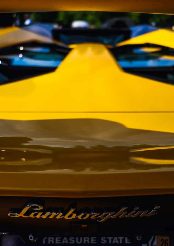 Close-up of yellow Lamborghini rear with visible badge and Treasure State license plate