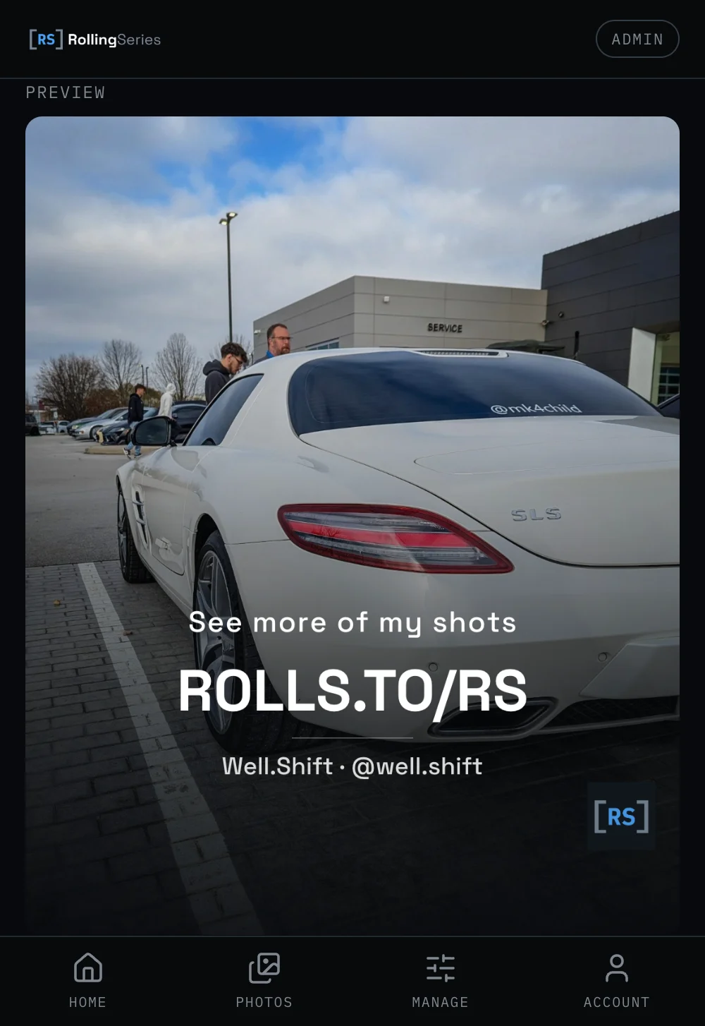 A RollingSeries Final Image share card: a sports car with the photographer short URL and photo credit overlaid.