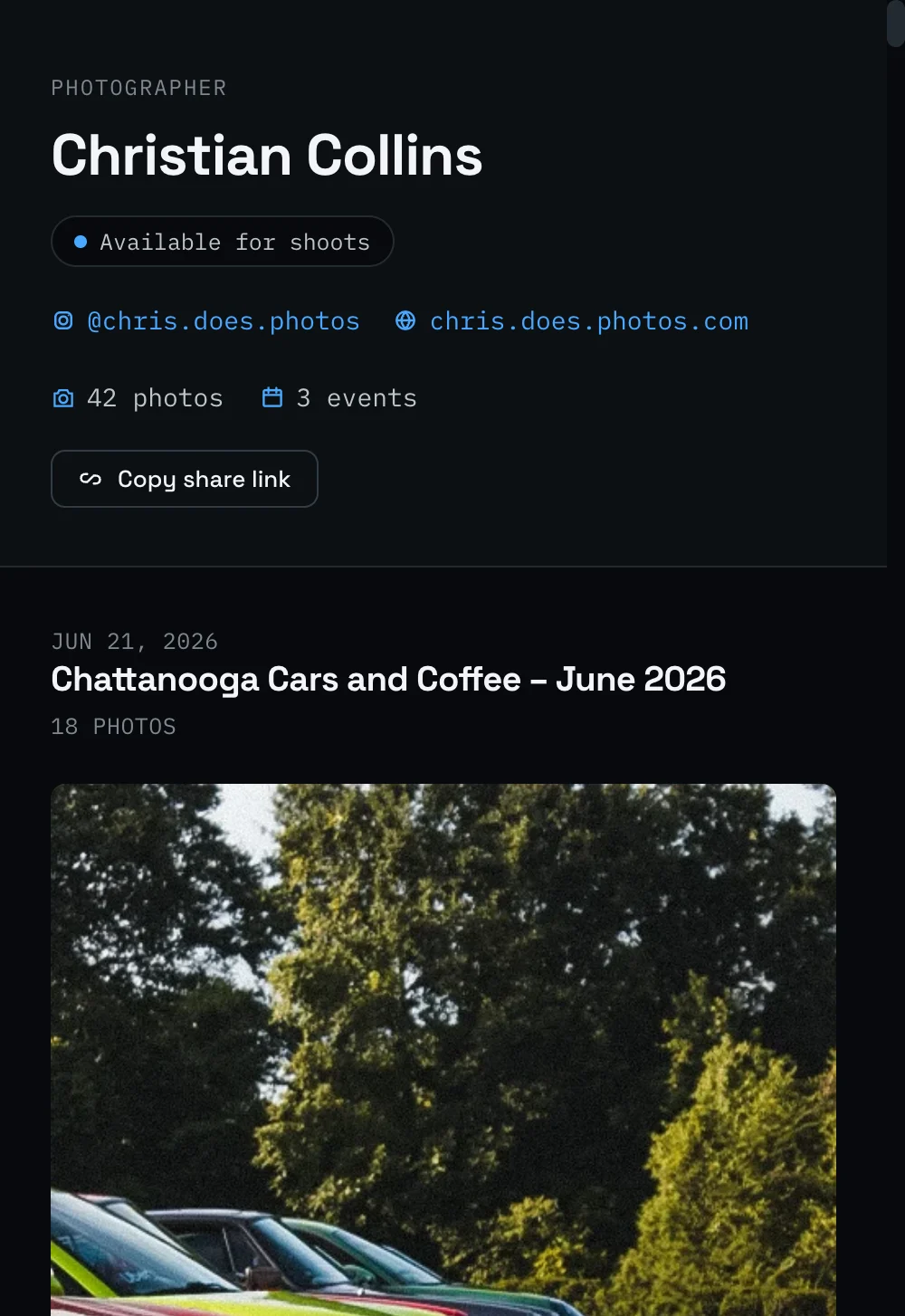 A RollingSeries photographer page showing an available for shoots badge, Instagram and portfolio links, photo and event counts, and a gallery of car photos.