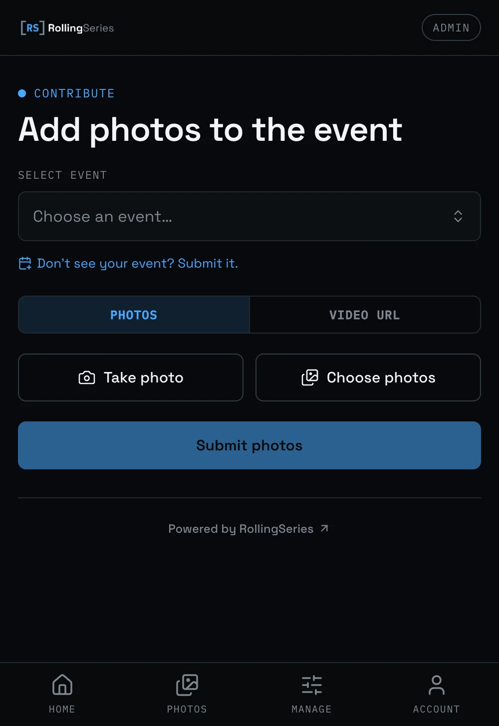 The RollingSeries app upload screen on a phone, with an event picker and buttons to take or choose photos.