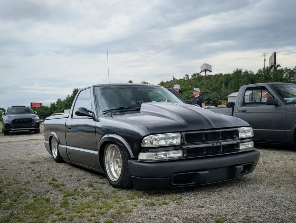 Black Chevrolet S-10 with custom hood and lowered suspension parked on gravel near another pickup and two people