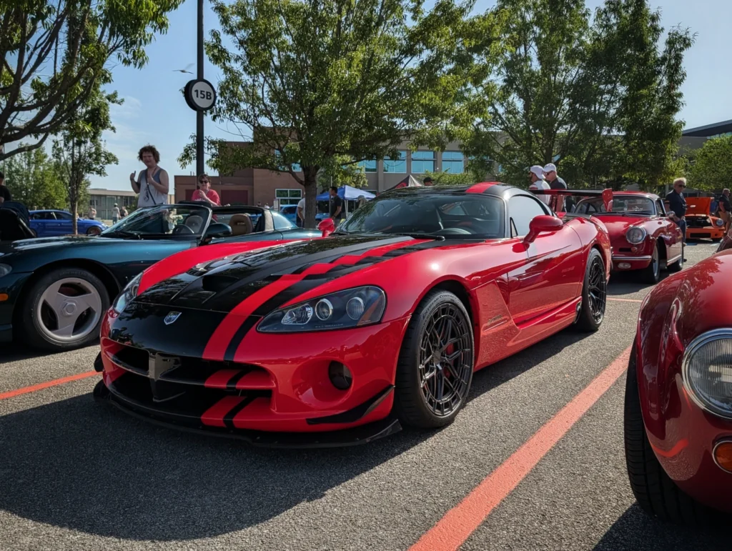 Red and black Dodge Viper in a parking lot at a car event with other sports cars and people nearby