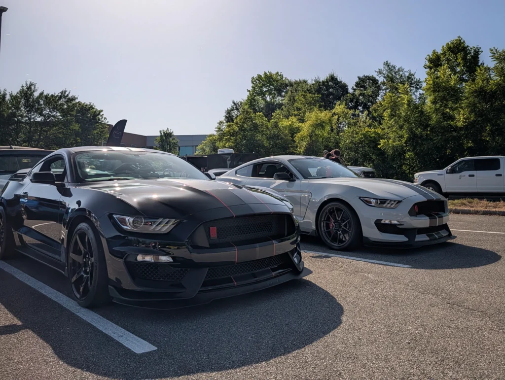 Black and white Ford Mustang Shelby GT350s parked side by side in a parking lot with trees and a building in the background.