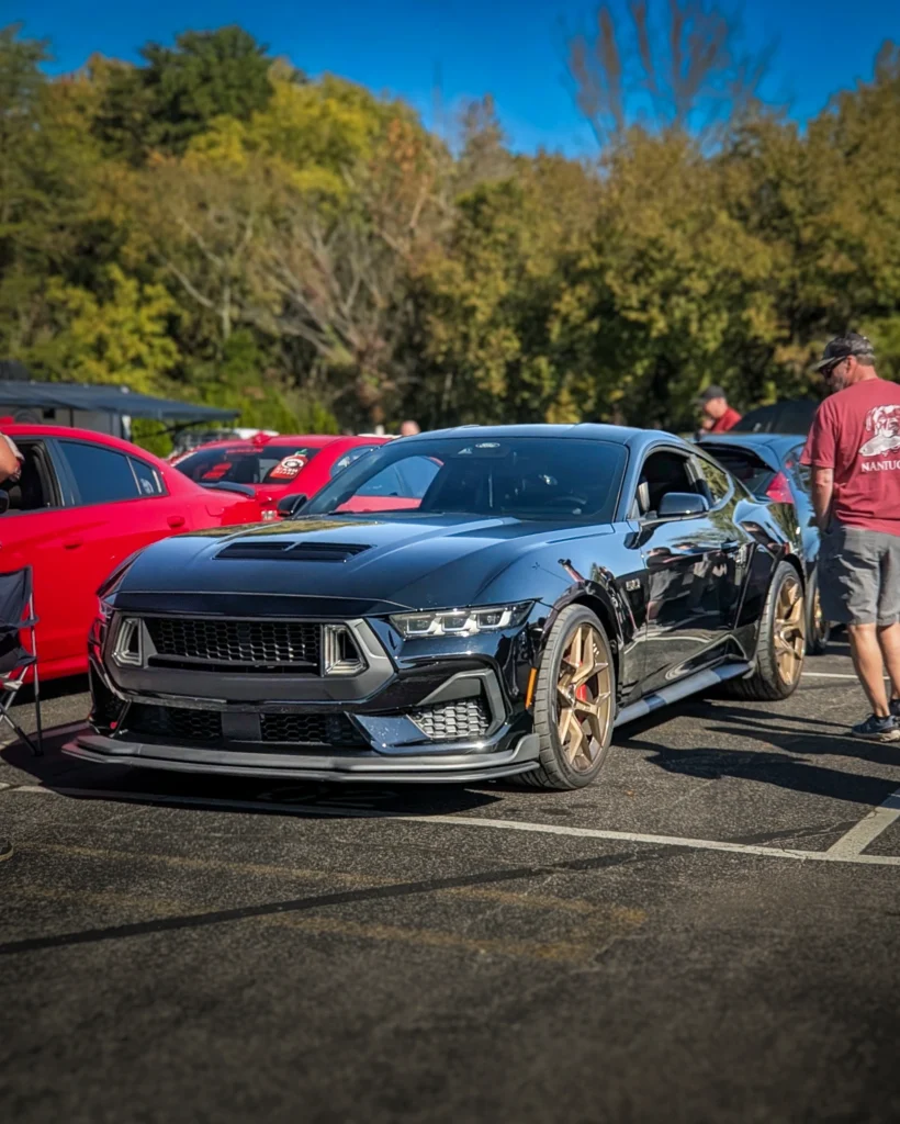 Black Ford Mustang GT coupe parked in a lot with red cars and people nearby under a clear blue sky