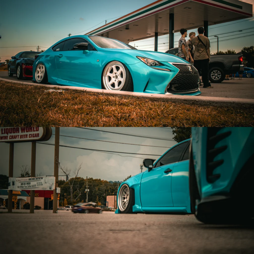 Blue Lexus IS F-Sport with lowered suspension parked near a gas station with people standing nearby