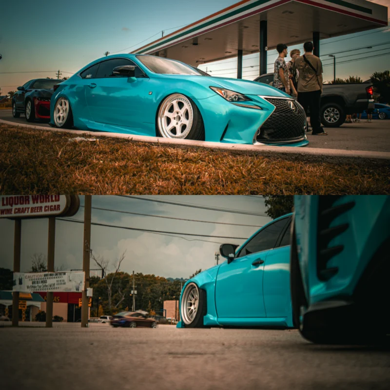 Blue Lexus IS F-Sport with lowered suspension parked near a gas station with people standing nearby