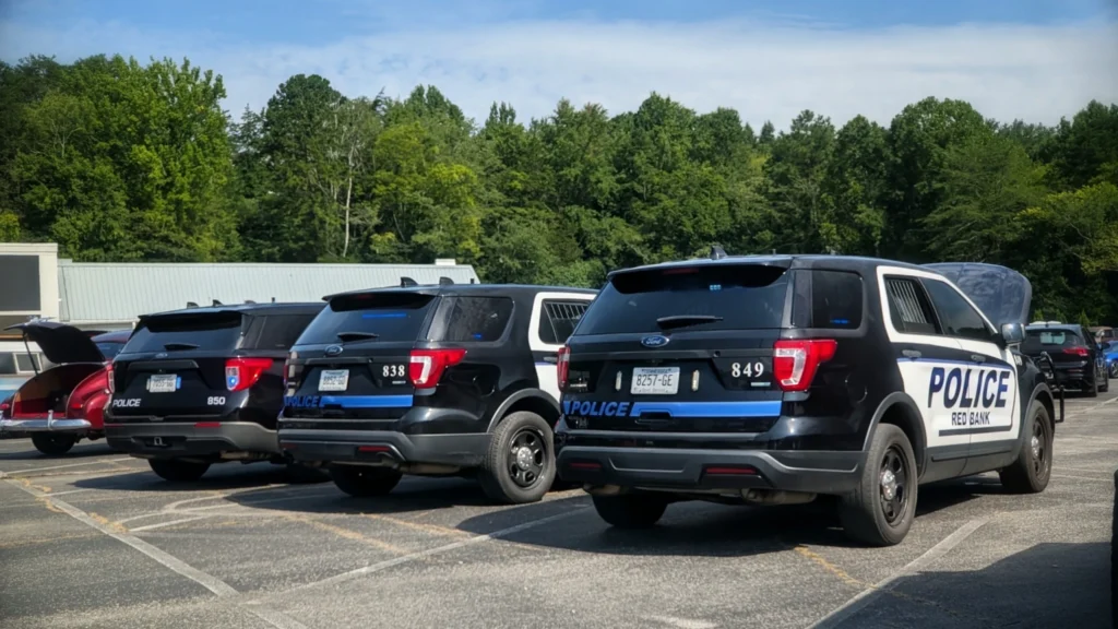 Four black and white Red Bank police Ford SUVs parked in a lot at an outdoor event with trees in the background