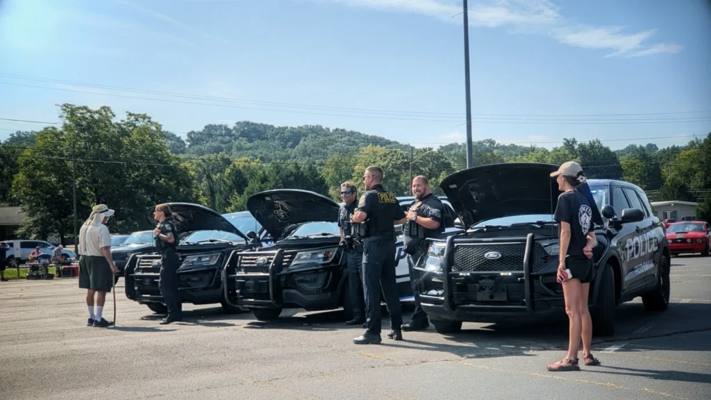 Three black Ford police SUVs with open hoods and officers talking to attendees in a parking lot under a clear sky