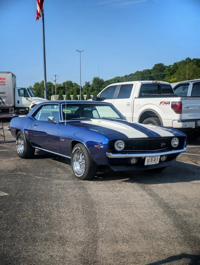 Blue Chevrolet Camaro Z/28 with white racing stripes parked in a lot with trucks and an American flag in the background.