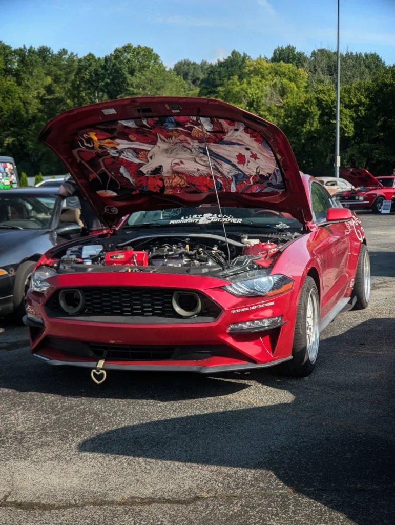 Red Ford Mustang with raised hood showing engine bay and underside artwork, parked outdoors with other cars and trees in back