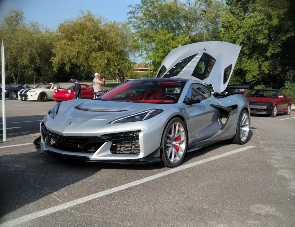Silver Chevrolet Corvette ZR1 with raised hood in parking lot during car event with trees and other vehicles in background