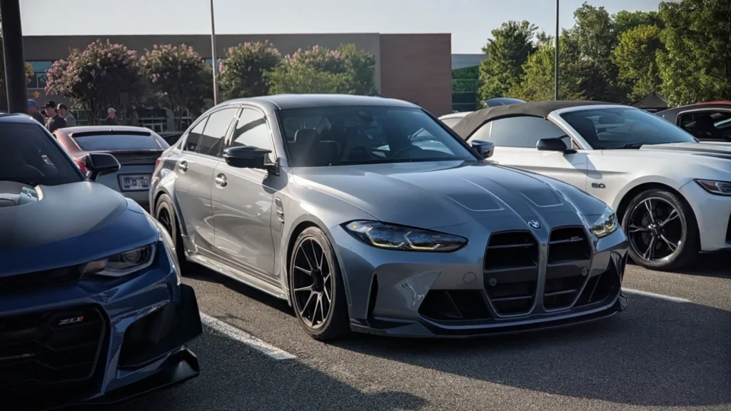 Gray BMW M3 sedan parked in an outdoor car meet with other vehicles and people in the background