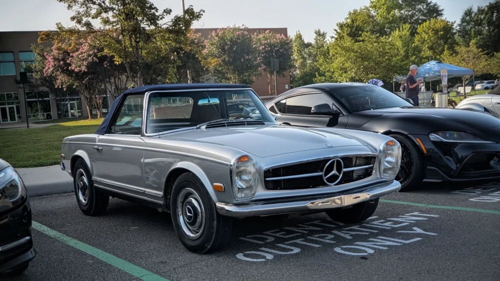 Silver Mercedes-Benz SL convertible parked outdoors next to a black coupe with trees and event tents in background