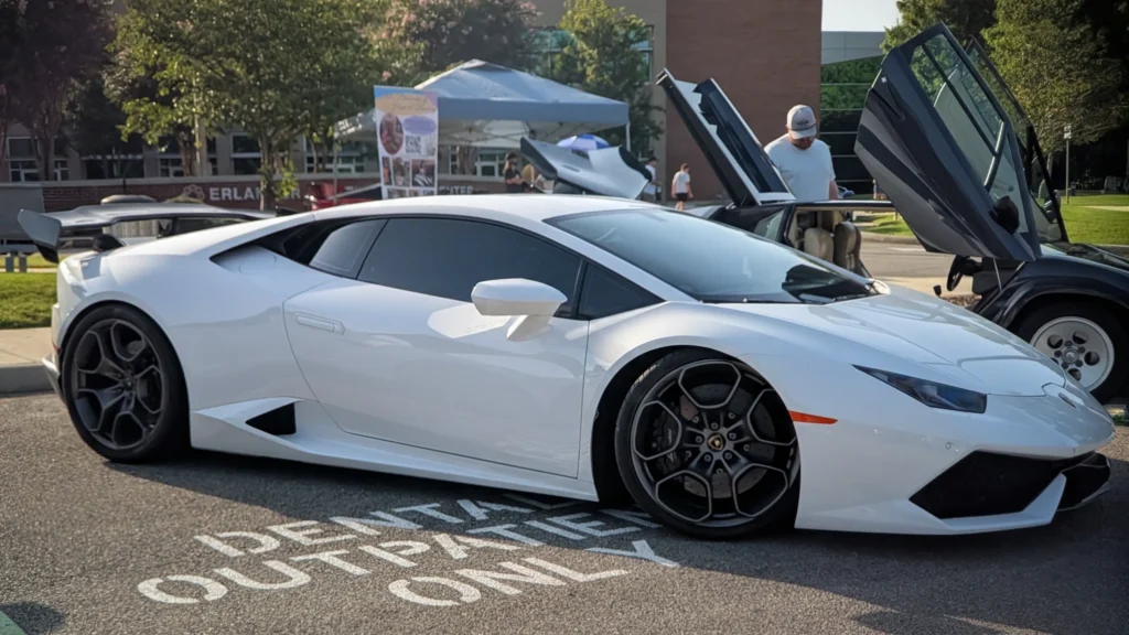 White Lamborghini Huracán parked on asphalt with a white vehicle with open vertical doors in the background and people nearby