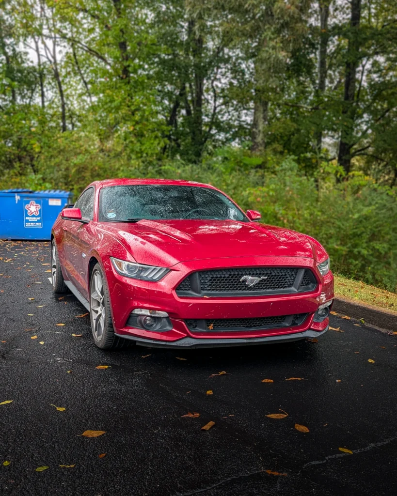 Red Ford Mustang parked on wet pavement near green trees and a blue dumpster in an outdoor setting