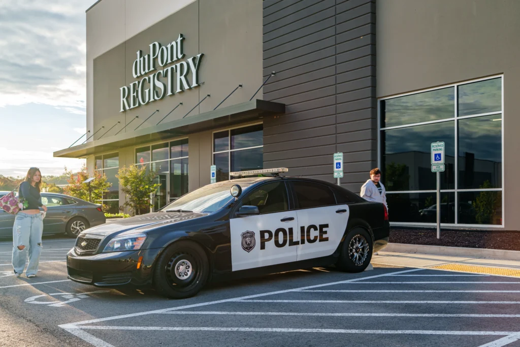 Black and white Chevrolet Caprice PPC parked in front of a building with duPont Registry sign and two people nearby