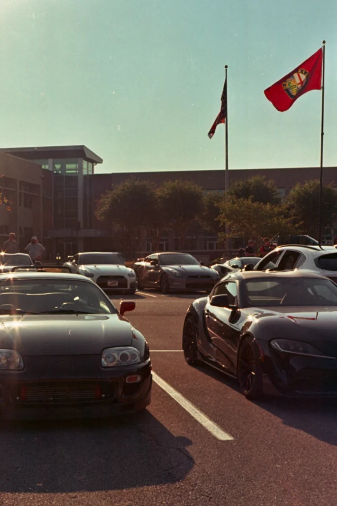 Black Toyota Supra parked next to a dark blue Mazda RX-7 in a parking lot with flags and a building in the background