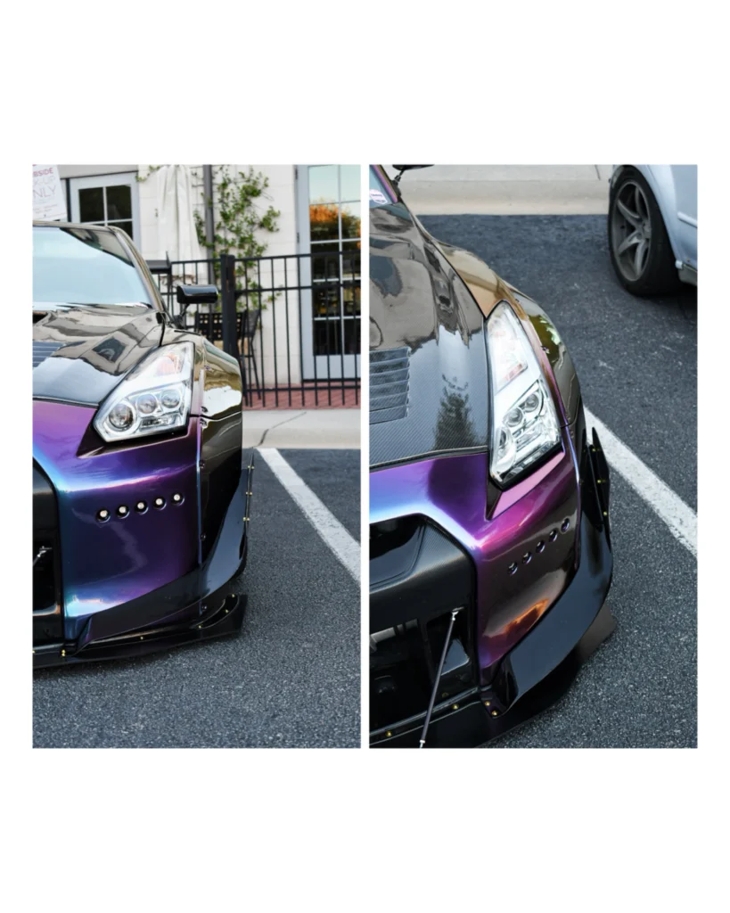 Two close-up views show a purple Nissan GT-R's headlight, carbon-fiber hood and front splitter in a parking lot.